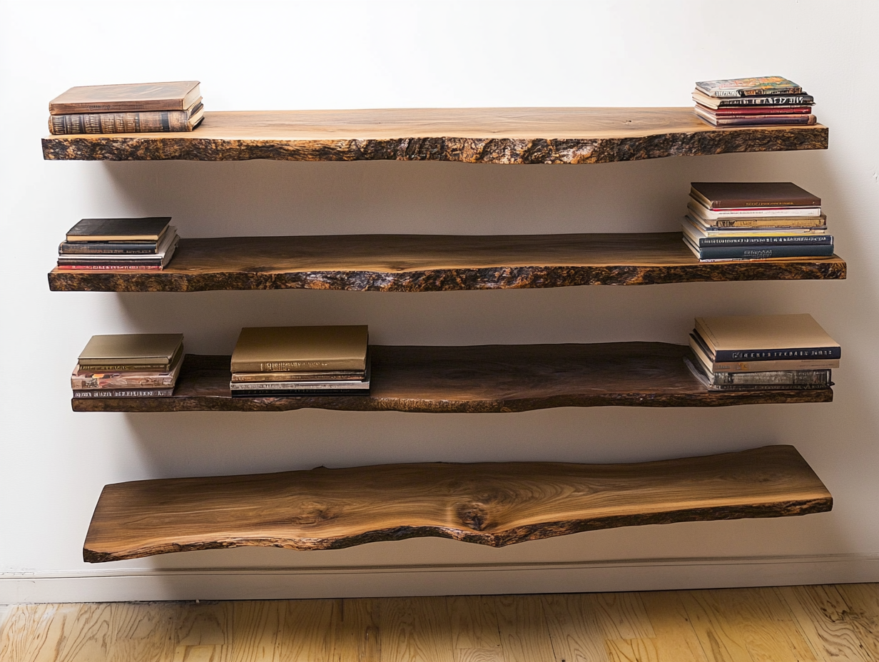 Étagères flottant en noyer à bords vivants. 40mm X 200 X 900mm - Bois et Bonheur