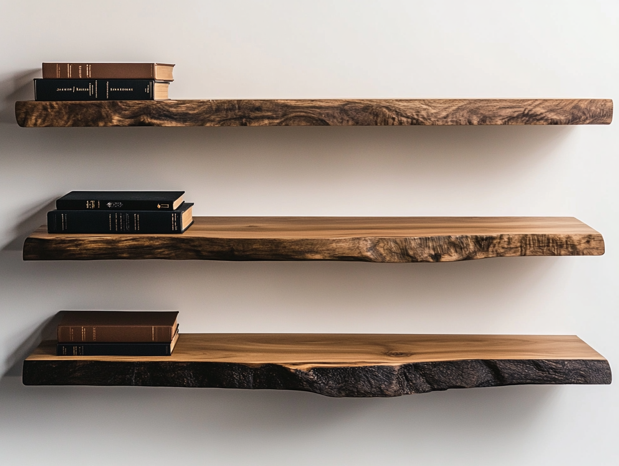 Étagères flottantes en noyer à bords vivants: 40mm X 200mm X 1100mm - Bois et Bonheur
