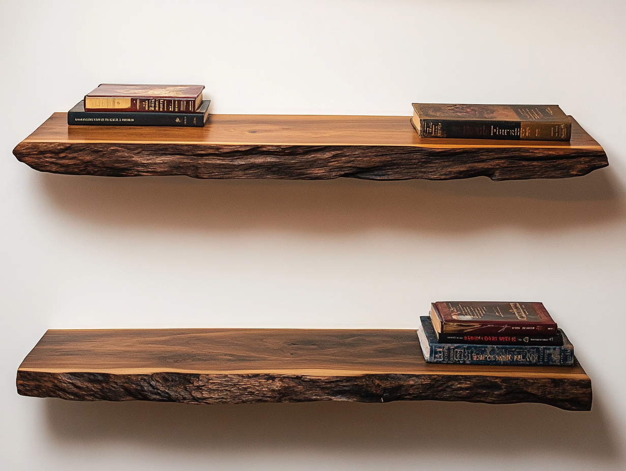 Étagères flottantes en noyer à bords vivants: 40mm X 200mm X 1100mm - Bois et Bonheur