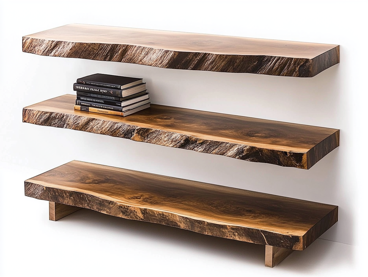 Étagères flottantes en noyer à bords vivants: 40mm X 200mm X 1100mm - Bois et Bonheur