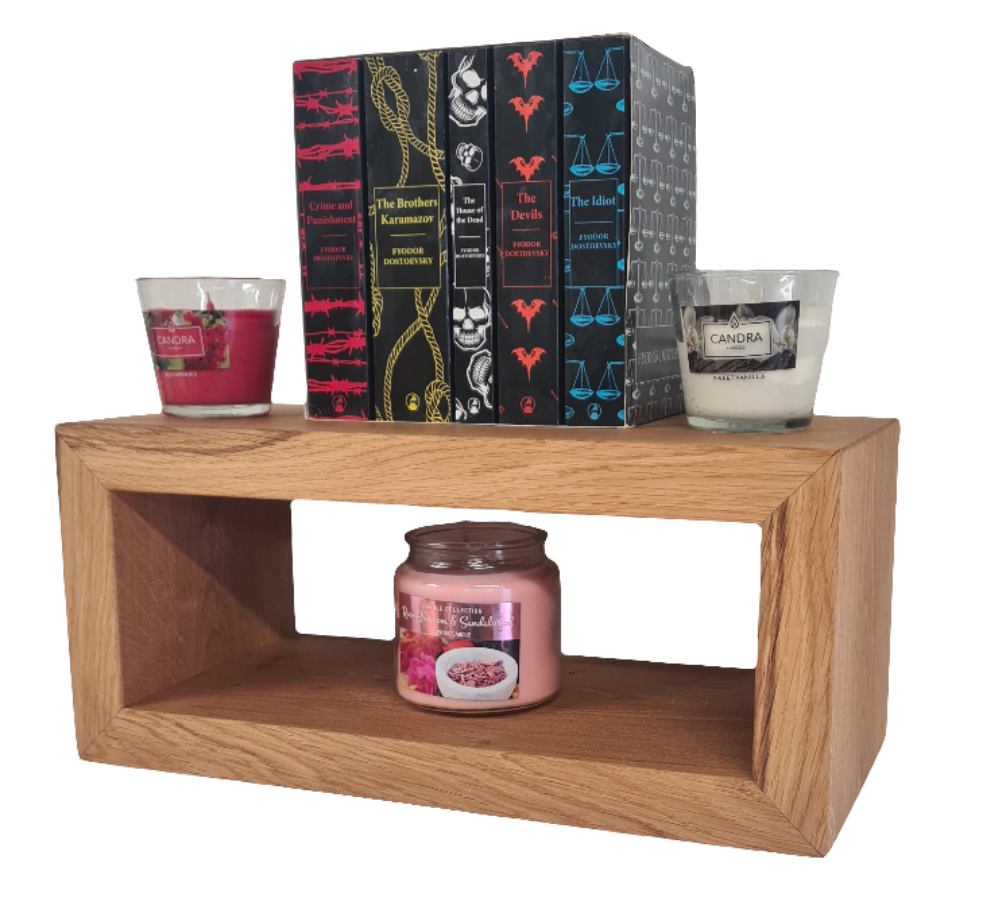 Console murale flottante en chêne français – Assemblage en onglet et fixations invisibles