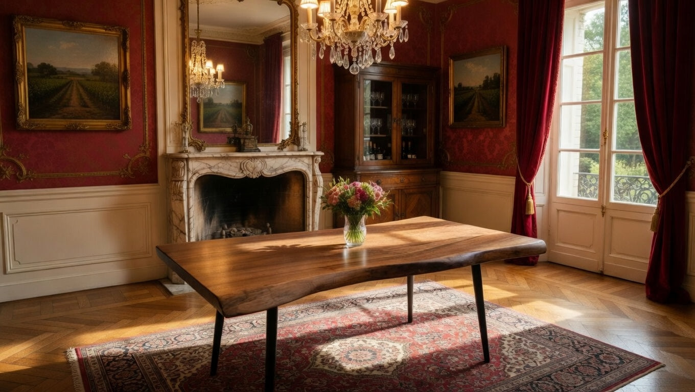 Table à manger en noyer à bord vivant – Design artisanal français, personnalisable - Bois et Bonheur